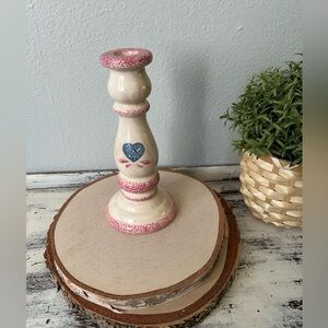 VTG Candlestick Country Pottery Pink Blue Hearts Spongeware Paint 7.5